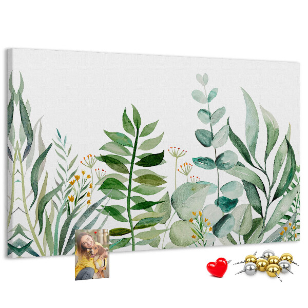 Tablero de corcho decorativo con diseño de hojas tropicales en tonos delicados