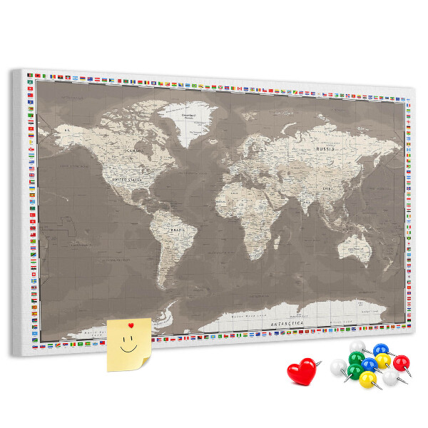 Tablero de anuncios mapa del mundo con banderas de países