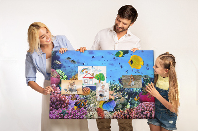 Pizarra de corcho con diseño de mundo tropical, colores submarinos y peces