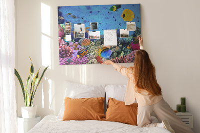 Pizarra de corcho con diseño de mundo tropical, colores submarinos y peces