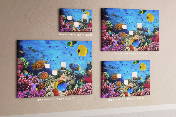 Pizarra de corcho con diseño de mundo tropical, colores submarinos y peces