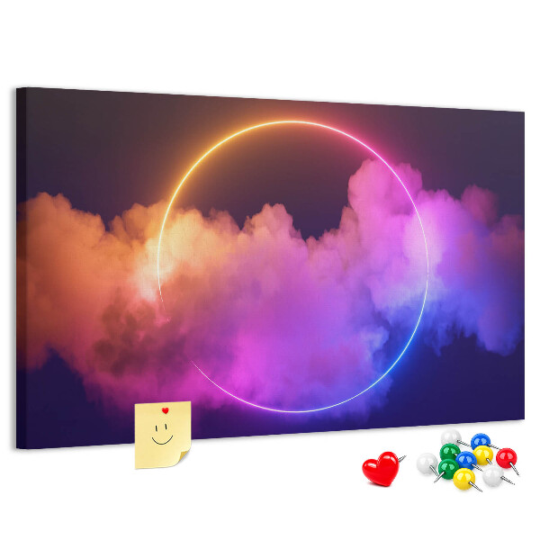 Pizarra de corcho con diseño de nubes coloridas y círculo de neón