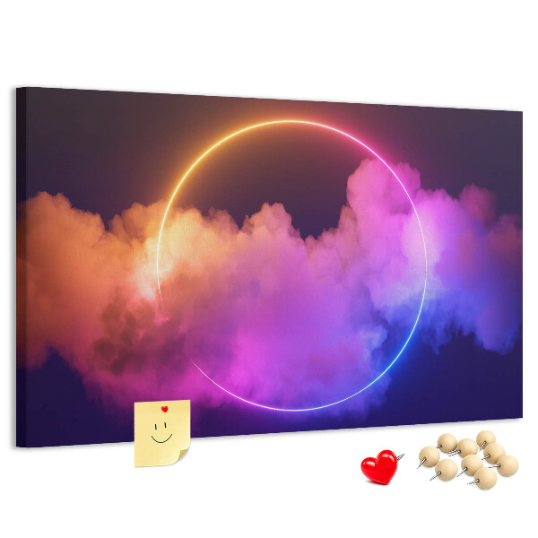 Pizarra de corcho con diseño de nubes coloridas y círculo de neón