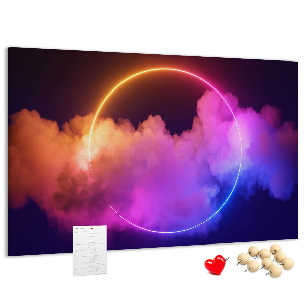 Pizarra de corcho con diseño de nubes coloridas y círculo de neón
