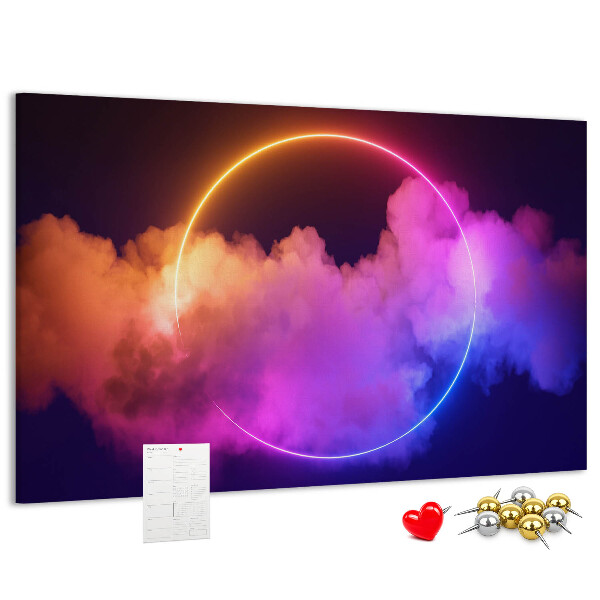 Pizarra de corcho con diseño de nubes coloridas y círculo de neón