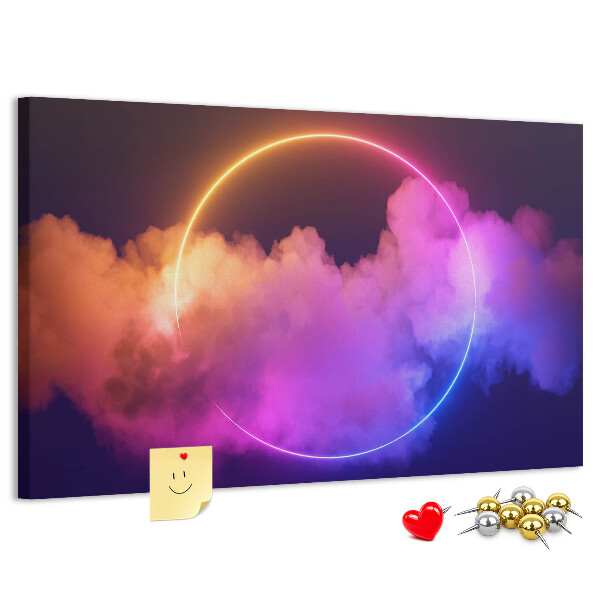 Pizarra de corcho con diseño de nubes coloridas y círculo de neón