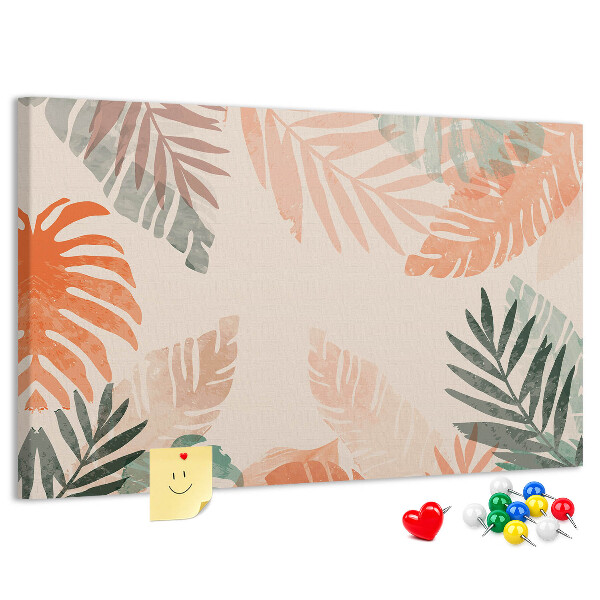 Tablero de anuncios con diseño de hojas tropicales en tonos pastel