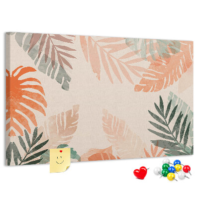 Tablero de anuncios con diseño de hojas tropicales en tonos pastel