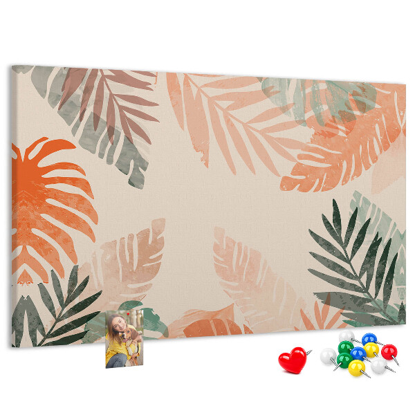 Tablero de anuncios con diseño de hojas tropicales en tonos pastel