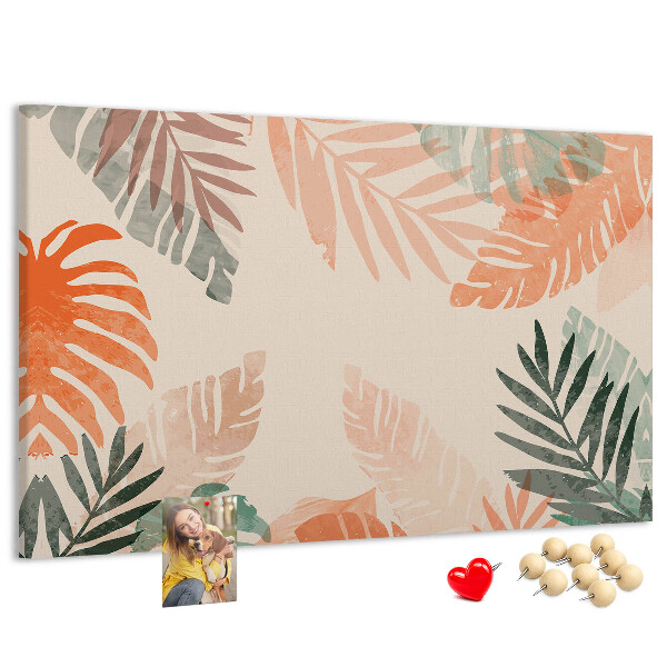 Tablero de anuncios con diseño de hojas tropicales en tonos pastel