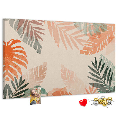 Tablero de anuncios con diseño de hojas tropicales en tonos pastel