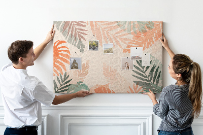 Tablero de anuncios con diseño de hojas tropicales en tonos pastel