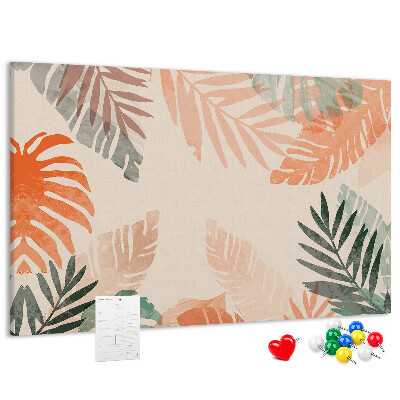Tablero de anuncios con diseño de hojas tropicales en tonos pastel