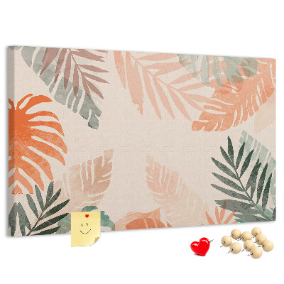 Tablero de anuncios con diseño de hojas tropicales en tonos pastel