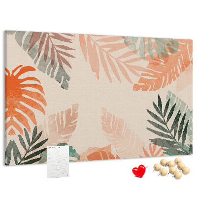 Tablero de anuncios con diseño de hojas tropicales en tonos pastel