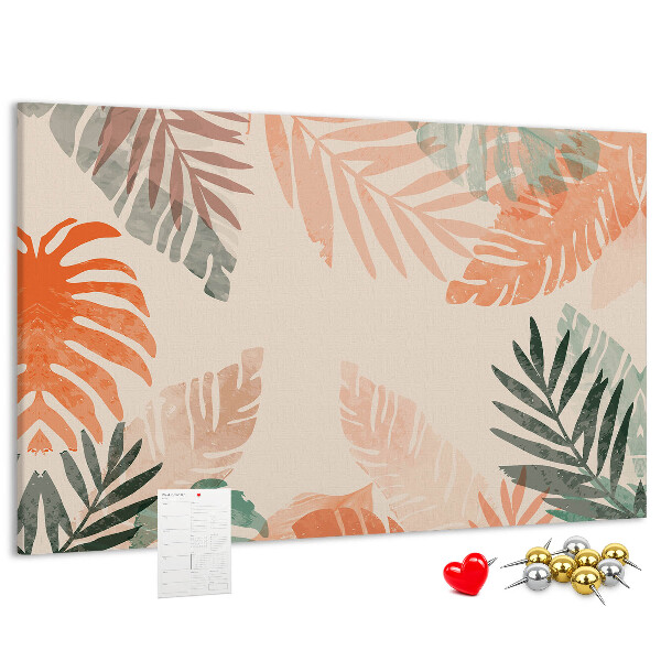 Tablero de anuncios con diseño de hojas tropicales en tonos pastel