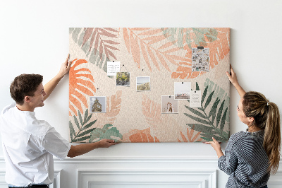 Tablero de anuncios con diseño de hojas tropicales en tonos pastel