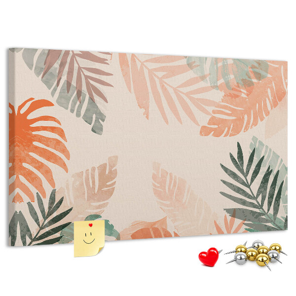 Tablero de anuncios con diseño de hojas tropicales en tonos pastel