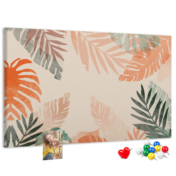 Tablero de anuncios con diseño de hojas tropicales en tonos pastel