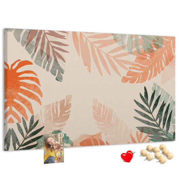 Tablero de anuncios con diseño de hojas tropicales en tonos pastel