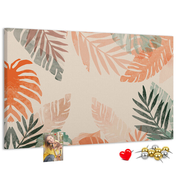 Tablero de anuncios con diseño de hojas tropicales en tonos pastel
