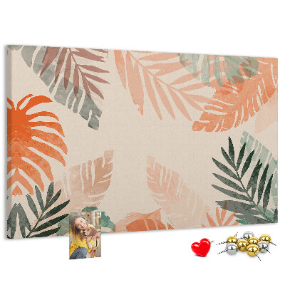 Tablero de anuncios con diseño de hojas tropicales en tonos pastel