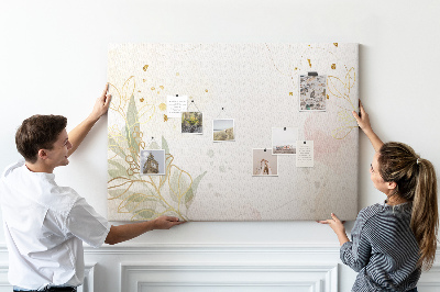 Tablero de corcho decorado con diseño de delicadas flores sobre fondo pastel