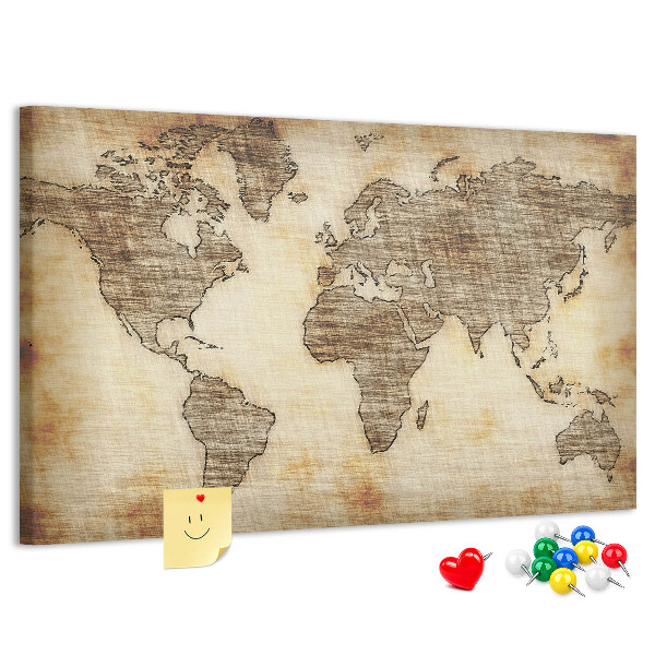 Tablero de anuncios con diseño de mapa del mundo antiguo sobre fondo de lienzo