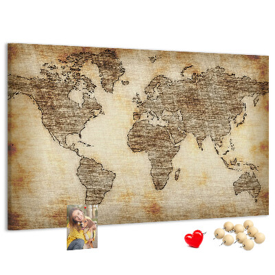 Tablero de anuncios con diseño de mapa del mundo antiguo sobre fondo de lienzo