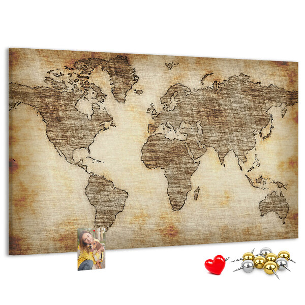 Tablero de anuncios con diseño de mapa del mundo antiguo sobre fondo de lienzo