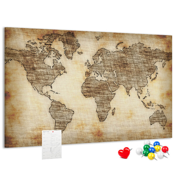 Tablero de anuncios con diseño de mapa del mundo antiguo sobre fondo de lienzo