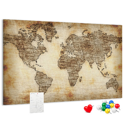 Tablero de anuncios con diseño de mapa del mundo antiguo sobre fondo de lienzo