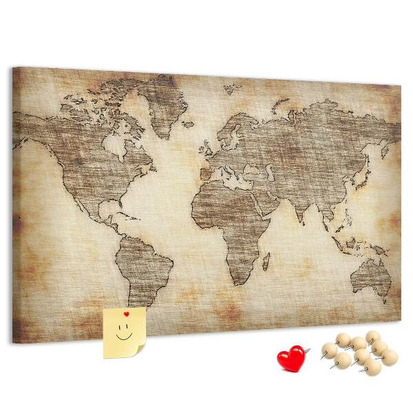 Tablero de anuncios con diseño de mapa del mundo antiguo sobre fondo de lienzo