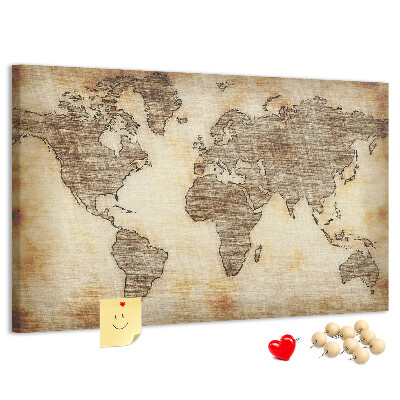 Tablero de anuncios con diseño de mapa del mundo antiguo sobre fondo de lienzo