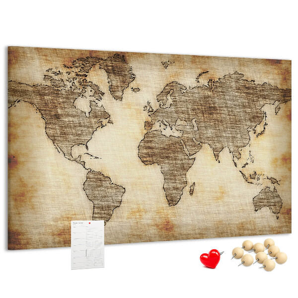 Tablero de anuncios con diseño de mapa del mundo antiguo sobre fondo de lienzo
