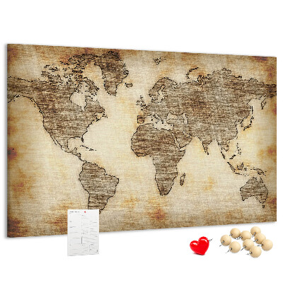 Tablero de anuncios con diseño de mapa del mundo antiguo sobre fondo de lienzo