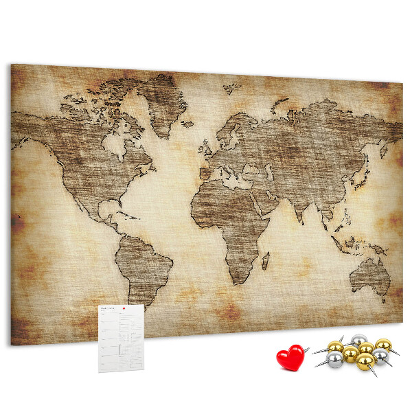 Tablero de anuncios con diseño de mapa del mundo antiguo sobre fondo de lienzo