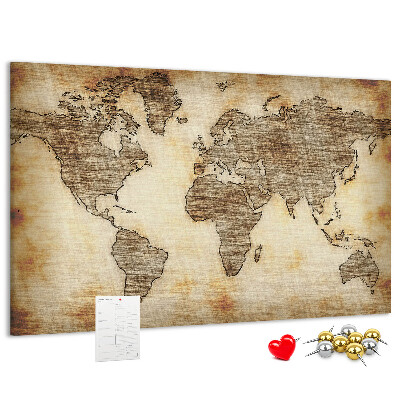 Tablero de anuncios con diseño de mapa del mundo antiguo sobre fondo de lienzo