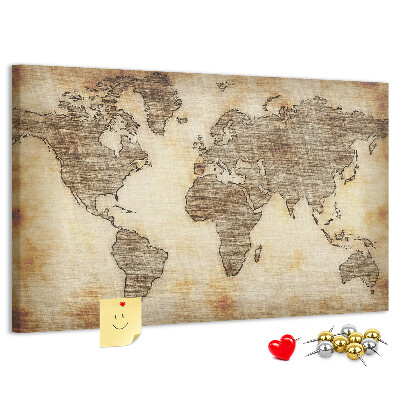 Tablero de anuncios con diseño de mapa del mundo antiguo sobre fondo de lienzo