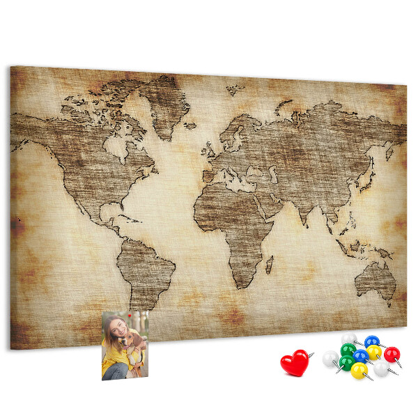Tablero de anuncios con diseño de mapa del mundo antiguo sobre fondo de lienzo