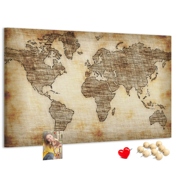 Tablero de anuncios con diseño de mapa del mundo antiguo sobre fondo de lienzo