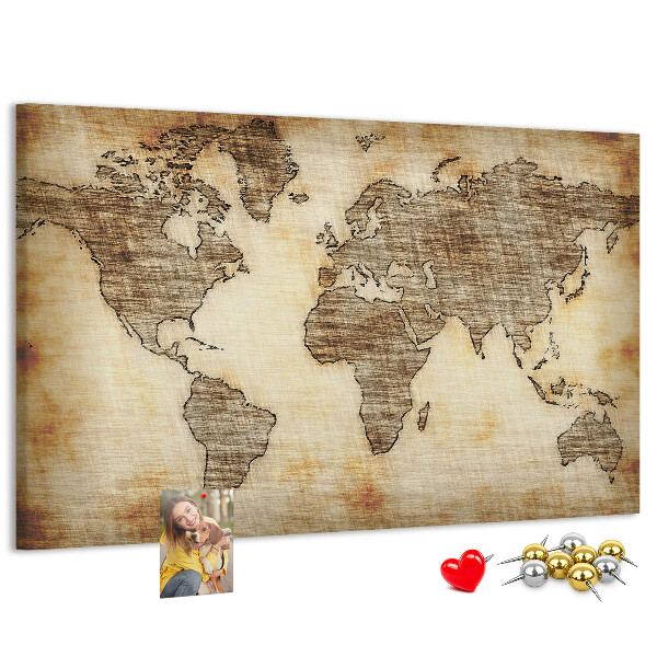 Tablero de anuncios con diseño de mapa del mundo antiguo sobre fondo de lienzo