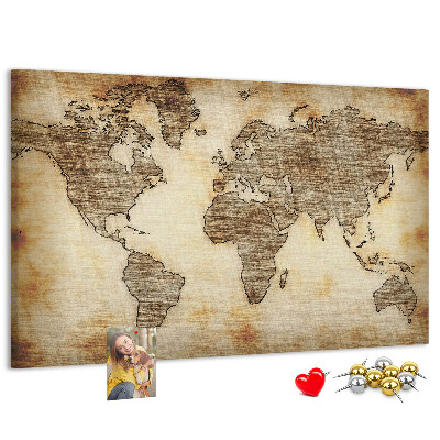 Tablero de anuncios con diseño de mapa del mundo antiguo sobre fondo de lienzo