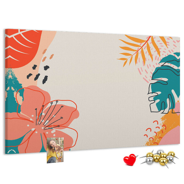 Tablero de anuncios diseño tropical con hojas y flores coloridas