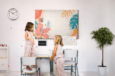 Tablero de anuncios diseño tropical con hojas y flores coloridas