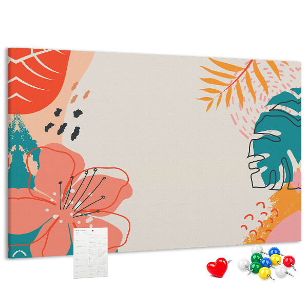 Tablero de anuncios diseño tropical con hojas y flores coloridas