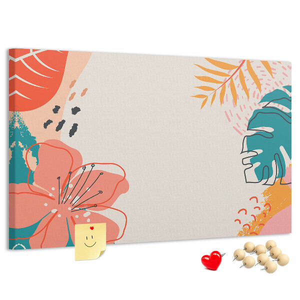 Tablero de anuncios diseño tropical con hojas y flores coloridas