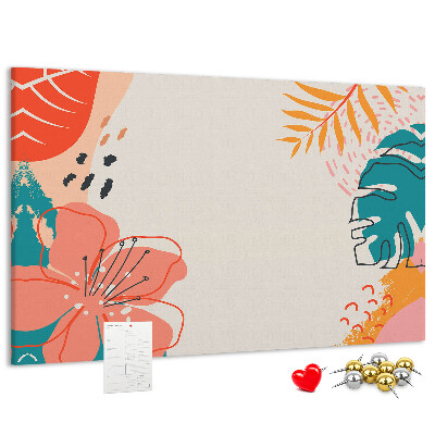 Tablero de anuncios diseño tropical con hojas y flores coloridas