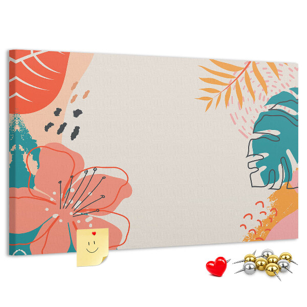 Tablero de anuncios diseño tropical con hojas y flores coloridas