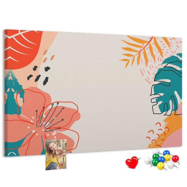 Tablero de anuncios diseño tropical con hojas y flores coloridas